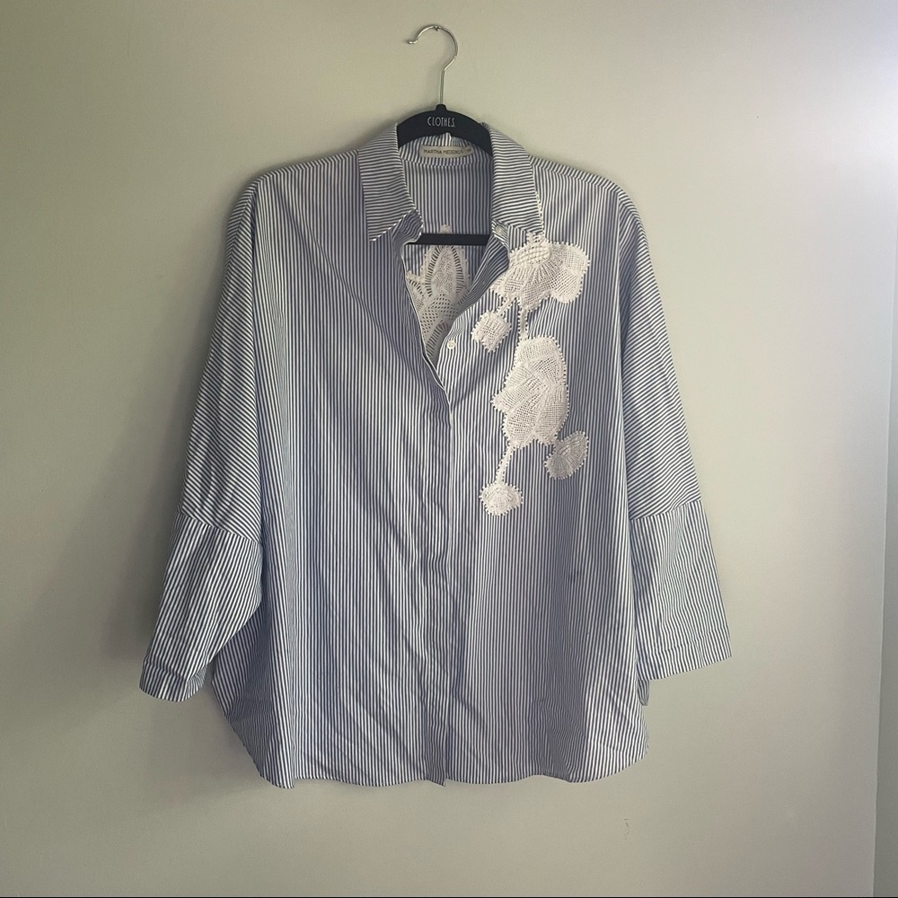 Martha Medeiros Button down stripe shirt with appliqué details.